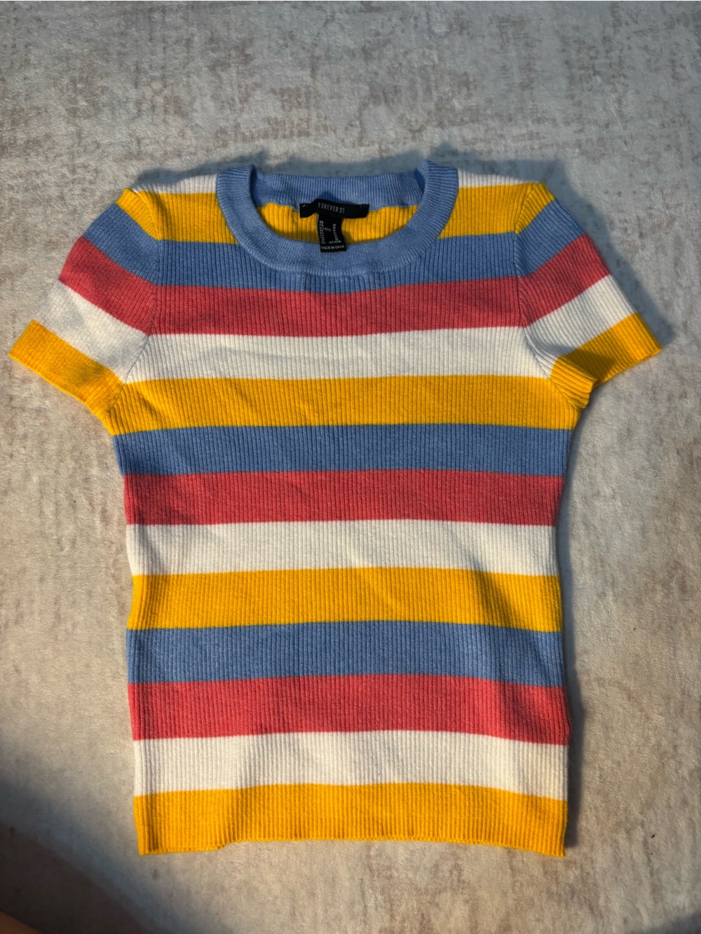Forever 21 Yellow Blue Red White Striped Ribbed Short Sleeve Top